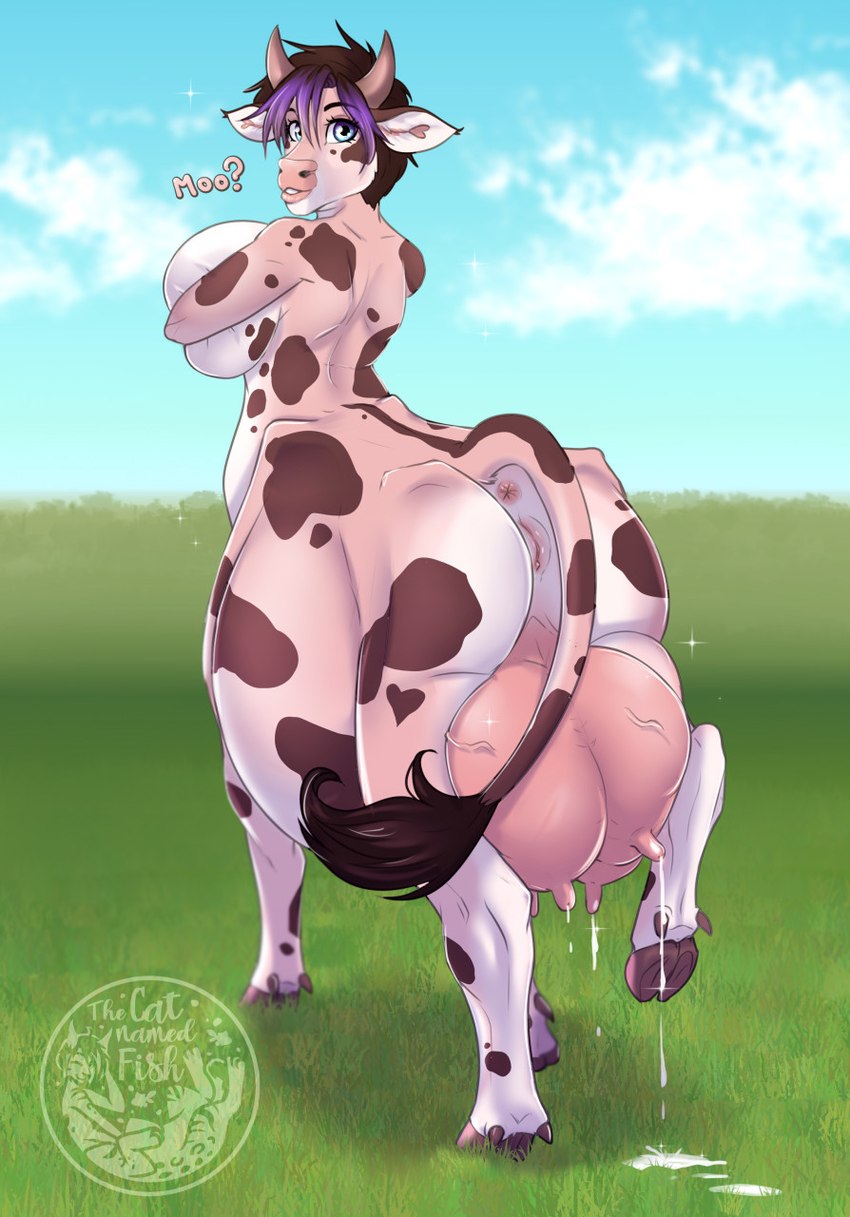 anthro anus big_breasts bodily_fluids breasts breasts_and_teats brown_hair female genitals hair lactating logo milk purple_hair pussy solo tail tail_tuft teats tuft udders veiny_udders thecatnamedfish fish_(thecatnamedfish) bovid bovid_taur bovine bovine_taur cattle cattle_taur mammal mammal_taur taur 2021 artist_logo hi_res