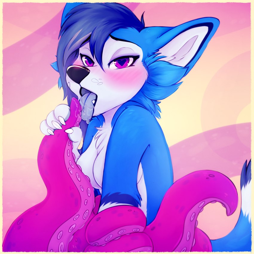 anthro blue_body blue_fur blue_vixen blush bodily_fluids breasts claws consentacles drooling female fur heart_eyes heart_symbol licking oral oral_penetration penetration red_faced saliva solo tentacle_in_mouth tentacle_penetration tentacles tongue tongue_out applepup cinnamonserval blue_the_vixen canid canine fox mammal 1:1 2020 artist_collaboration hi_res