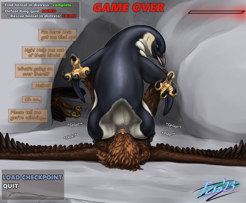 animal_genitalia avian_butt bdsm bodily_fluids bondage bound butt_sniffing cloaca cuckold defeated dominant facesitting failed_attempt feet feral fight game_over gameplay_mechanics genital_fluids genitals gui health_bar humiliation male male/male plap precum sitting_on_another sniffing talons text toes ferobird sawyer_(ferobird) accipitrid accipitriform avian bird eagle golden_eagle king_penguin penguin true_eagle english_text hi_res