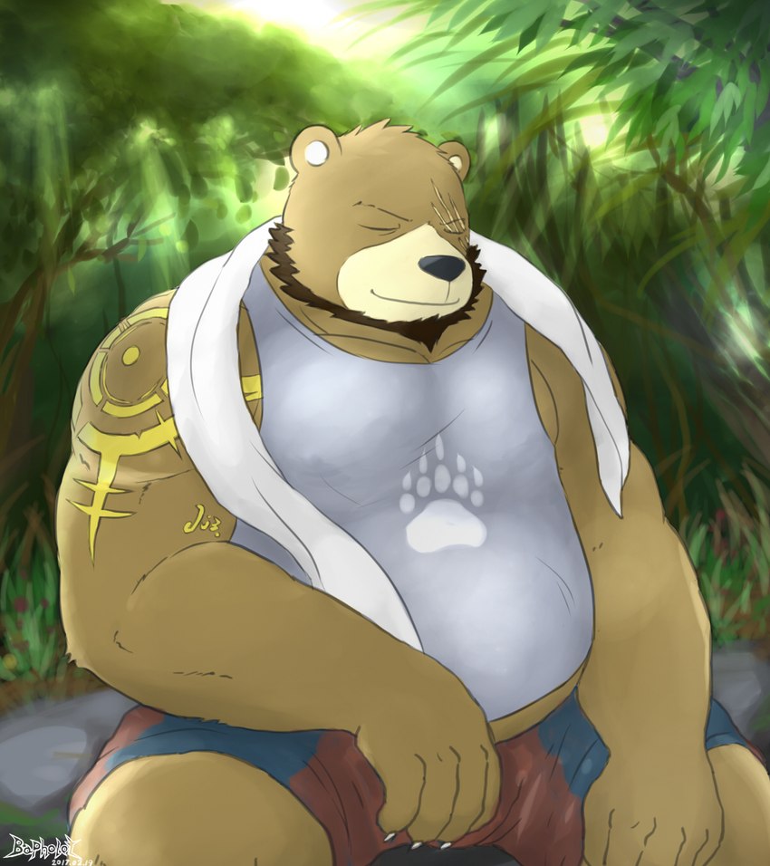 anthro beard belly big_belly black_nose bottomwear brown_body brown_fur clothing detailed_background facial_hair fur humanoid_hands kemono male outside overweight overweight_male plant scar shirt shorts sitting solo tattoo topwear towel tree mtflying30371 bear mammal 2017 hi_res