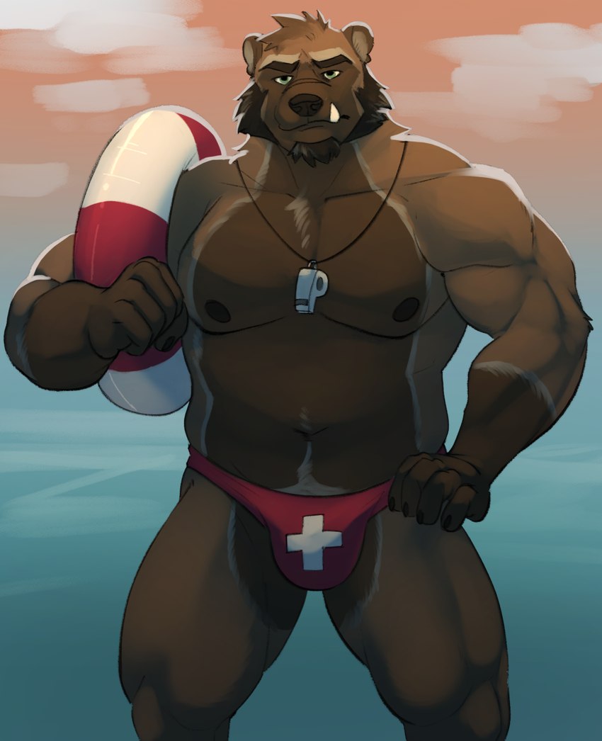 alternate_universe anthro barazoku beard brown_body brown_eyebrows brown_fur brown_hair brown_nipples brown_nose bulge cloud eyebrows facial_hair fist fur gloves_(marking) green_eyes grumpy hair hand_on_hip hand_on_own_hip holding_object life_preserver lifeguard lifeguard_swimsuit looking_at_viewer male markings mostly_nude mostly_nude_anthro mostly_nude_male musclegut muscular muscular_anthro muscular_male mutton_chops nipples simple_background snaggle_tooth solo swimwear_only tan_body tan_fur tan_inner_ear thick_eyebrows water whistle_(object) horrorbuns deadlaws gnollplaying_games lynn_grayson_(deadlaws) gulonine mammal mustelid musteline wolverine hi_res