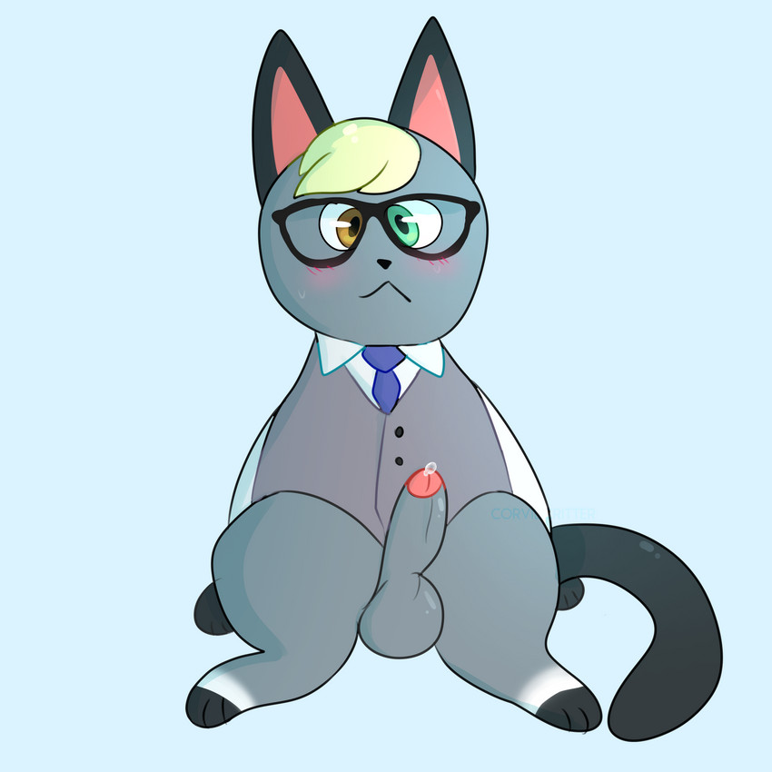 anthro balls blush bodily_fluids business_suit clothing eyewear genital_fluids genitals glasses grey_body heterochromia looking_at_viewer male penis precum sitting solo spread_legs spreading suit crowslewds animal_crossing nintendo raymond_(animal_crossing) domestic_cat felid feline felis mammal 1:1 hi_res