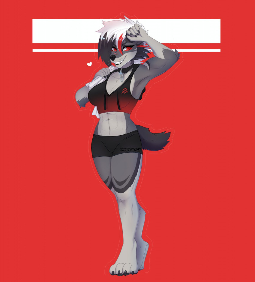 4_toes 5_fingers abs anthro barefoot black_nose breasts feet female fingers hair midriff navel red_eyes smile solo teeth toes white_hair nayel-ie nintendo pokemon lyra_(nayeliefox) canid canine canis generation_7_pokemon lycanroc mammal midnight_lycanroc pokemon_(species) wolf hi_res