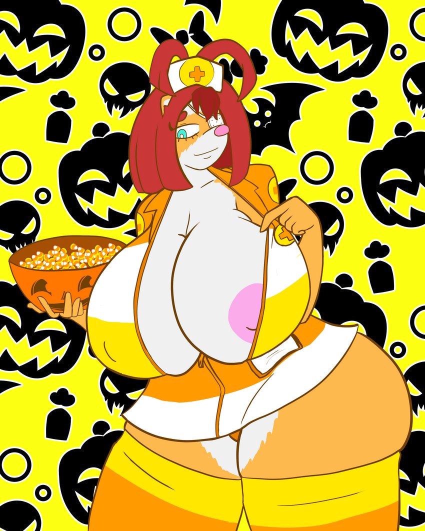 anthro big_breasts breasts candy candy_corn clothed clothing costume dessert erect_nipples eye_patch eyewear female food fruit halloween_costume holidays huge_breasts huge_thighs hyper hyper_breasts jacket kalya nipple_slip nipples nurse_clothing open_clothing open_jacket open_topwear plant pumpkin solo thick_thighs topwear tamboribora halloween domestic_ferret mammal mustelid musteline true_musteline weasel absurd_res hi_res