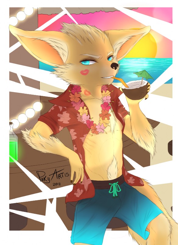 aloha_shirt anthro bar bar_stool beach bendy_straw border chest_fur clothing coconut drinking drinking_straw drupe_(fruit) flower food fruit furniture half-closed_eyes hibiscus inner_ear_fluff inviting jewelry lipstick looking_at_viewer makeup male muscular muscular_male narrowed_eyes necklace pattern_clothing pattern_shirt pattern_topwear pecs plant potion pubes sea seaside seductive shirt sky solo stool sun sunset swimming_trunks swimwear teeth topwear tropical tuft umbrella v-cut water white_border wreath pakyart15 hi-rez_studios paladins_(game) pip_(paladins) canid canine fennec_fox fox mammal true_fox 2018 hi_res