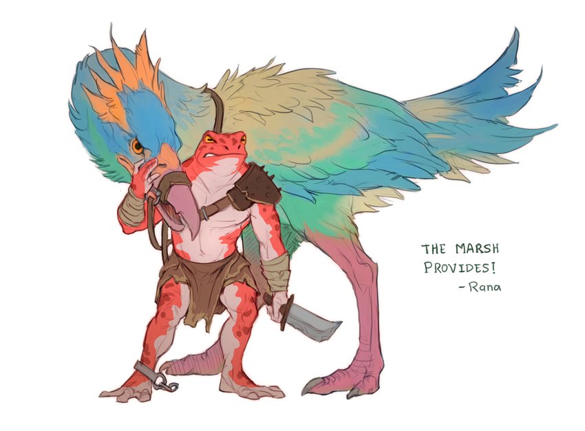 ambiguous_gender anthro beak clothed clothing duo holding_object holding_weapon male navel weapon caraid amphibian avian bird frog 2022 digital_media_(artwork)