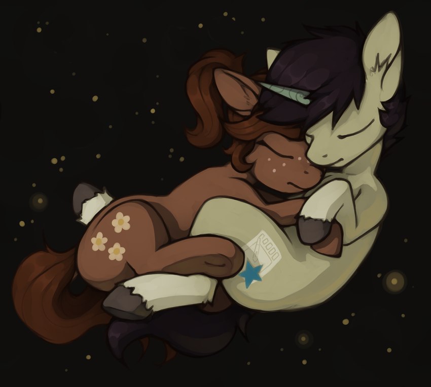 cuddling duo female feral male marsminer hasbro my_little_pony daisy_(marsminer) pone_keith equid equine horse mammal pony hi_res