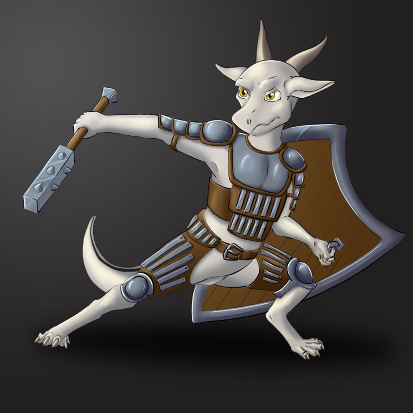 anthro armor claws club_(weapon) featureless_crotch female fighting_pose horn mace melee_weapon nude pose shield solo weapon tiny_terrible zirilon kobold lizard reptile scalie 1:1