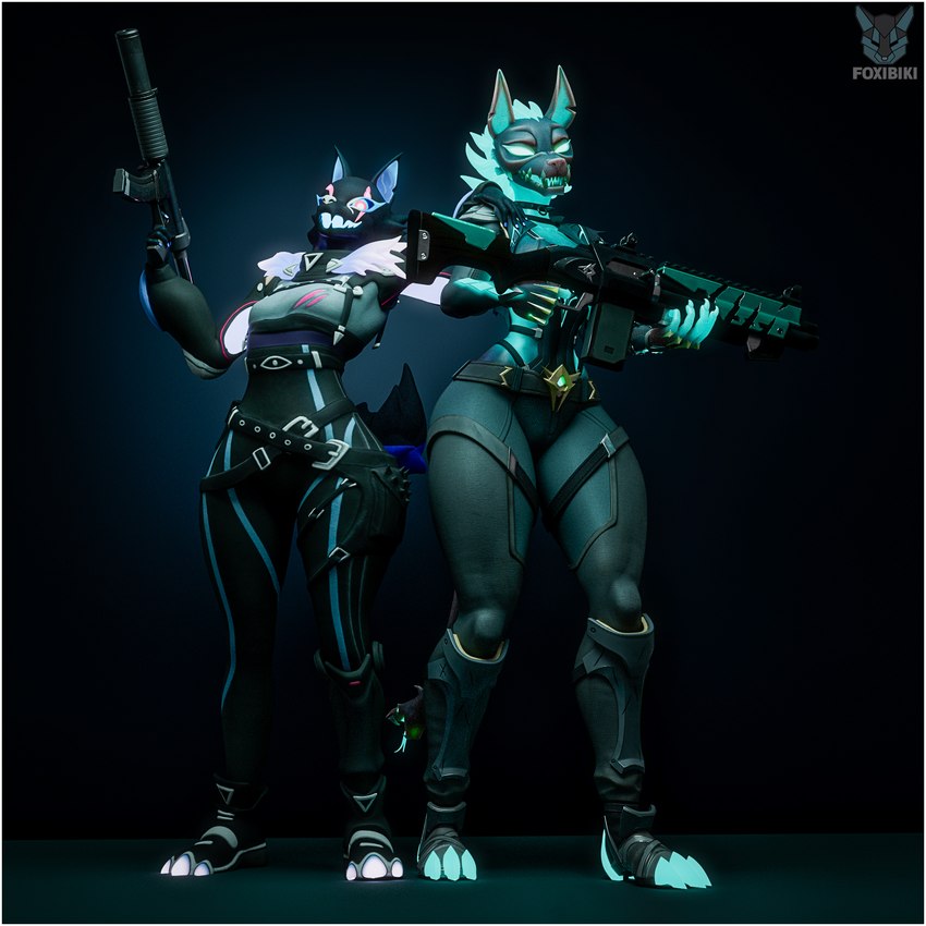 anthro black_body black_fur border clothed clothing crossgender duo female female/female fur gun looking_at_viewer ranged_weapon shotgun simple_background smile submachine_gun tail weapon white_border foxibiki mayosplash_(modeler) nyaasapphire_(modeler) blender_cycles epic_games fortnite mythology cerberus_(fortnite) highwire pack_leader_highwire canid canid_demon canine canis demon hellhound mammal mythological_canine mythological_creature wolf 1:1 3d_(artwork) blender_(artwork) digital_media_(artwork) hi_res