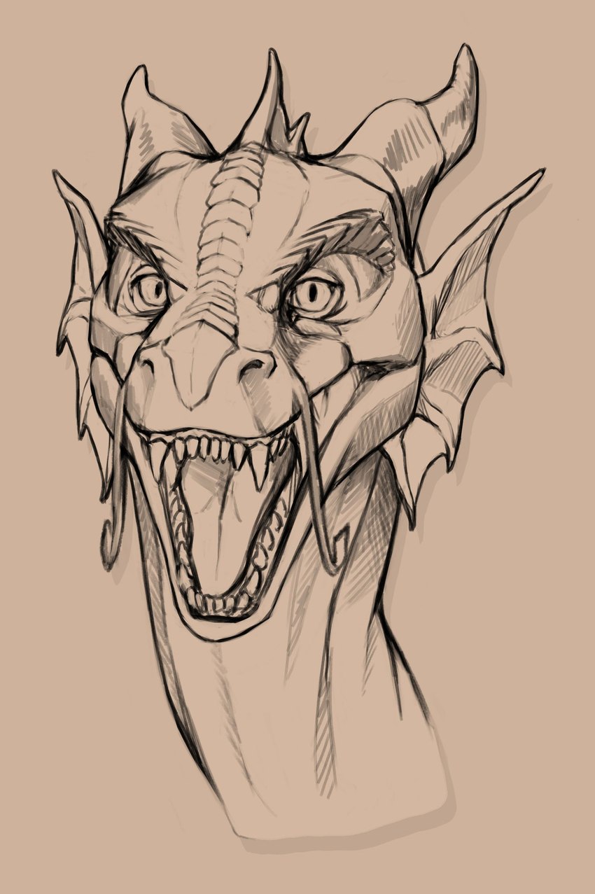 ambiguous_gender ear_frill facial_scales fangs feral frill_(anatomy) horn long_neck open_mouth pupils scales slit_pupils solo teeth tongue khyaber mythology dragon mythological_creature mythological_scalie scalie hi_res monochrome