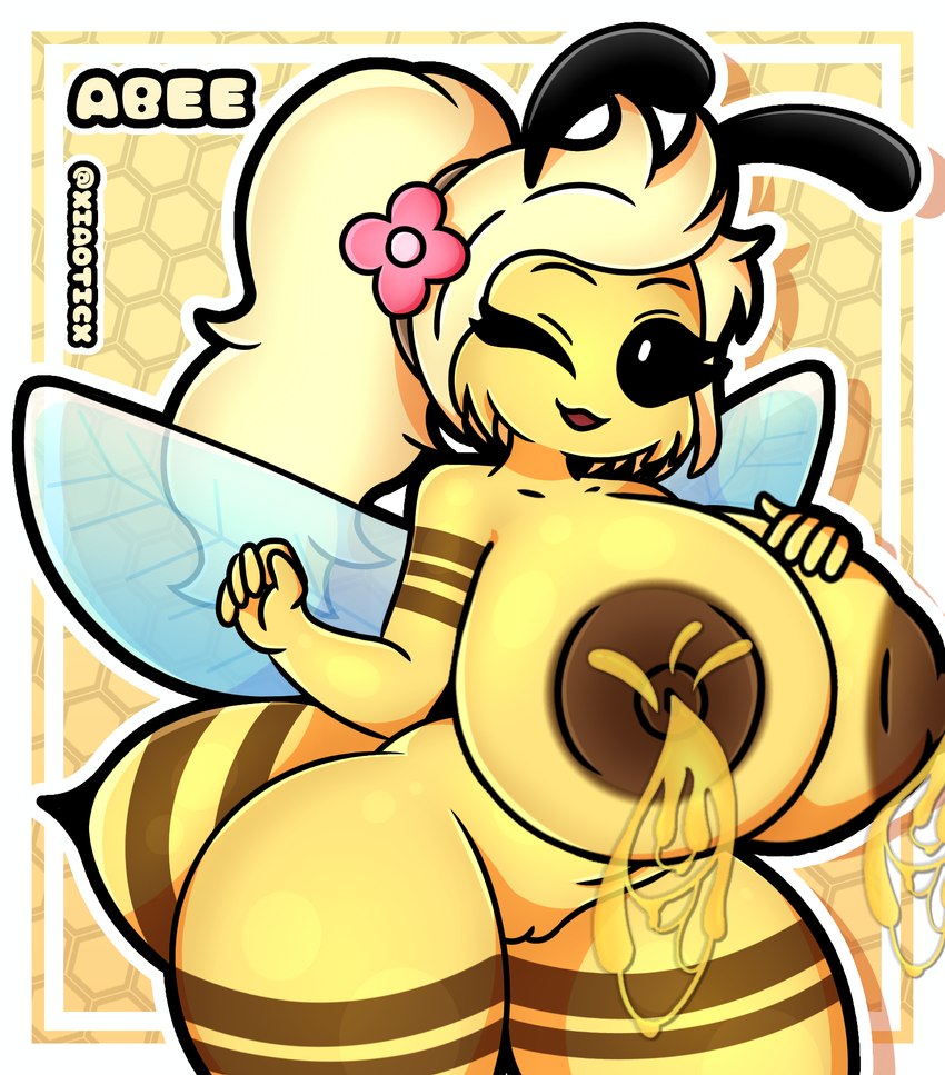 ambiguous_fluids antennae_(anatomy) anthro anthro_on_anthro big_breasts breasts butt female fur genitals hair nipples nude pussy smile solo tail wings yellow_body xiaoticx arthropod bee humanoid hymenopteran insect absurd_res digital_media_(artwork) hi_res