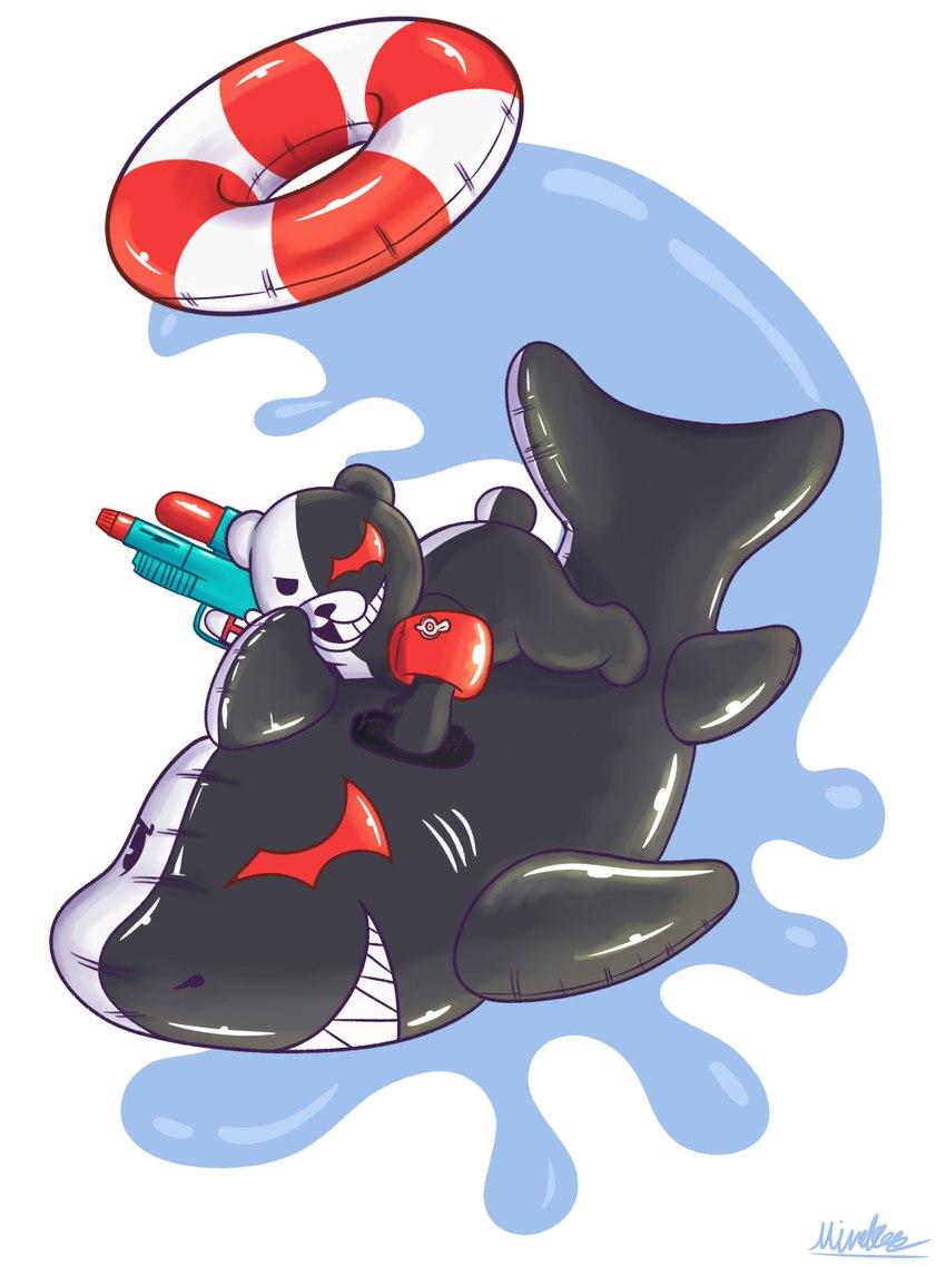 anthro black_body floatie inflatable inflatable_toy inner_tube liquid male multicolored_body pool_toy red_eyes sharp_teeth simple_background solo swim_ring teeth toy toy_gun two_tone_body water water_gun white_background white_body mirakee monokuma bear fish mammal marine shark hi_res signature