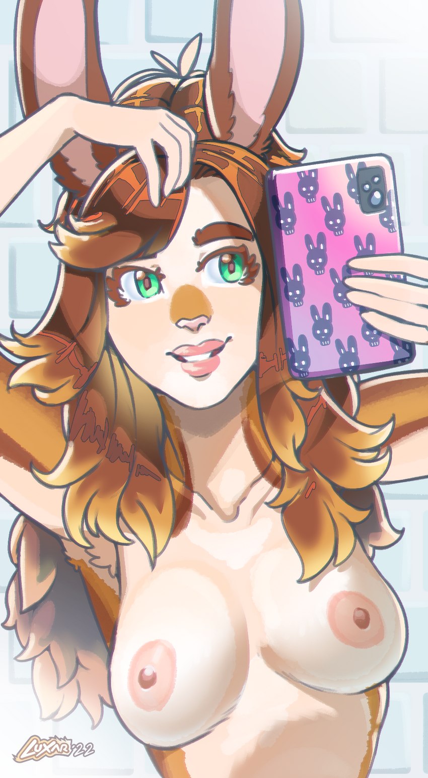 anthro breasts brick brick_wall cellphone electronics female fur green_eyes hair highlights_(coloring) holding_object holding_phone lips medium_hair nipples orange_body orange_fur orange_hair phone pink_lips pink_nipples pink_nose selfie small_breasts smartphone solo wall_(structure) white_body white_fur luxar92 connie_(luxarman) lagomorph leporid mammal rabbit hi_res signature