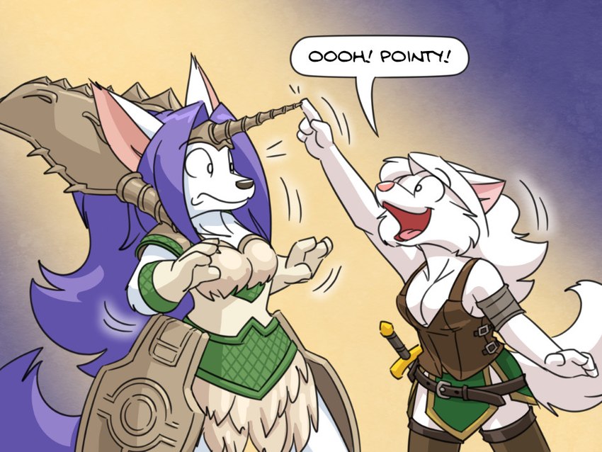 anthro black_nose breasts cleavage clothed clothing duo female fur hair horn melee_weapon open_mouth pink_nose purple_hair sword tail unicorn_horn weapon white_body white_fur white_hair cartoonwolf legend_of_mana mana_(series) square_enix sierra_(mana) silver_(s&s) arctic_fox canid canine fox mammal true_fox 4:3