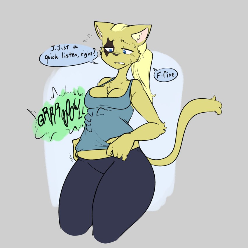 anthro belly bottomwear breasts clothed clothing dialogue female hair leggings legwear midriff onomatopoeia pants rumbling_stomach sound_effects text topwear sinfullapis ardene_marquet domestic_cat felid feline felis mammal pahtra 1:1 english_text hi_res