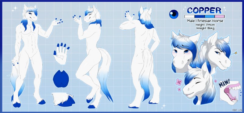 5_fingers anthro biped blue_hair blue_hooves fingers fur hair hooves male open_mouth solo standing teeth text tongue white_body white_fur fight_(artist) copper_soul-fate equid equine horse mammal 2019 english_text hi_res model_sheet