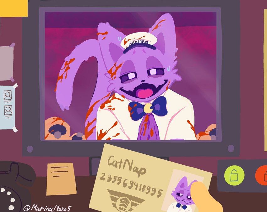 anthro black_nose blood blood_on_body blood_on_clothing blue_bow_tie bodily_fluids bow_tie clothing desk electronics fur furniture group half-closed_eyes holding_object holding_paper id_card looking_at_viewer male narrowed_eyes open_mouth paper phone purple_body purple_fur sweat sweatdrop table tail text tongue window marinaneko mob_entertainment poppy_playtime smiling_critters that's_not_my_neighbor catnap_(poppy_playtime) domestic_cat felid feline felis human mammal artist_name colored crossover hi_res