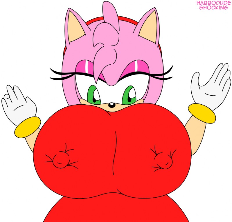 anthro big_breasts breasts erect_nipples female huge_breasts nipple_outline nipples solo text habbodude shocking_(artist) sega sonic_the_hedgehog_(series) amy_rose eulipotyphlan hedgehog mammal 2016 english_text hi_res