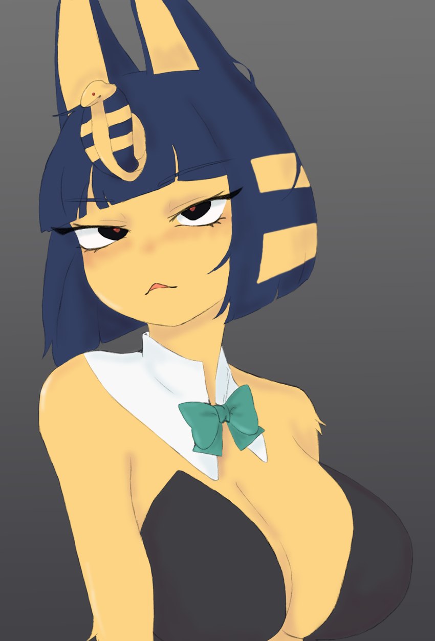 :< anthro big_breasts blue_hair bob_cut bow_tie breasts cleavage clothed clothing female fur grey_background hair parted_lips pupils red_pupils shirt_collar short_hair simple_background smile solo upper_body uraeus yellow_body yellow_fur kiki1041101 animal_crossing nintendo ankha_(animal_crossing) domestic_cat felid feline felis mammal hi_res portrait