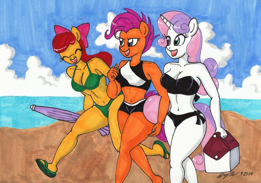 anthro beach bikini clothing cloud cooler female group horn sky swimwear text trio two-piece_swimsuit umbrella newyorkx3 friendship_is_magic hasbro my_little_pony mythology apple_bloom_(mlp) scootaloo_(mlp) sweetie_belle_(mlp) earth_pony equid equine horse mammal mythological_creature mythological_equine pony unicorn absurd_res english_text hi_res