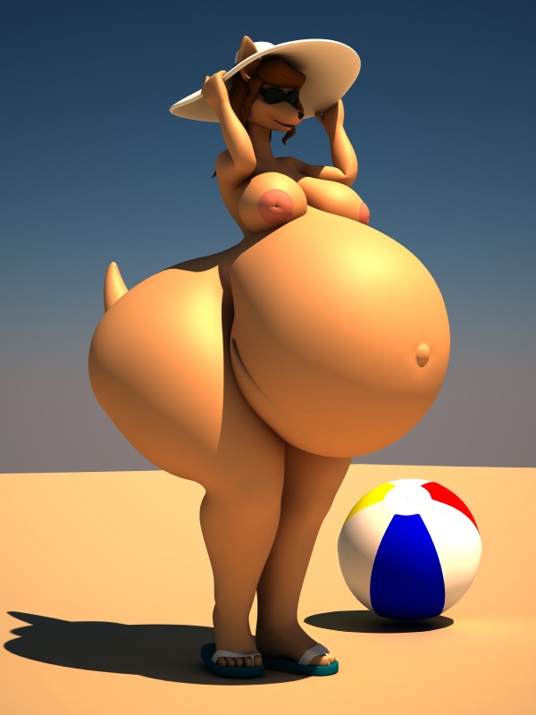 anthro ball beach beach_ball belly big_belly big_breasts big_butt breasts brown_hair butt butt_focus clothing female footwear hair huge_belly huge_butt hyper hyper_belly inflatable navel nipples nude outside pool_toy pregnant sandals seaside shoes simple_background smile solo thick_thighs wide_hips anthroanim abigail_roo kangaroo macropod mammal marsupial 2017 3:4 3d_(artwork) absurd_res digital_media_(artwork) hi_res