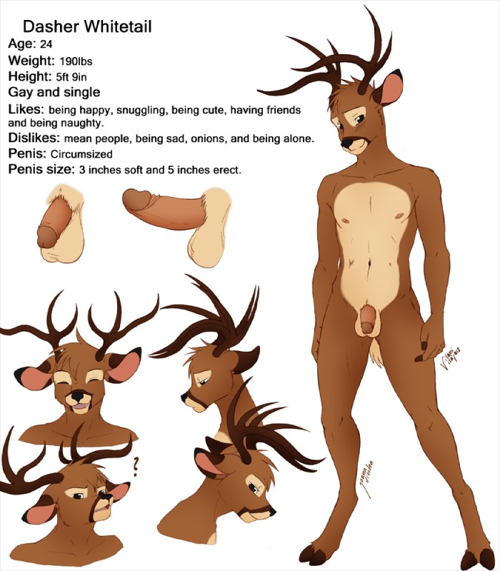 anthro antlers balls barefoot belly biped black_nose blush brown_antlers brown_body brown_fur brown_hair brown_hooves circumcised circumcision_scar cloven_hooves erection eyebrows eyes_closed feet flaccid fluffy fluffy_tail fur genital_scar genitals glans hair half-closed_eyes hooves horn humanoid_genitalia humanoid_hands humanoid_penis looking_at_viewer male multiple_poses narrowed_eyes navel nipples nude open_mouth open_smile pecs penis pink_nipples pink_penis pink_tongue pose scar short_hair short_tail simple_background slim smile solo standing tail tan_balls tan_belly tan_body tan_fur teeth text tongue white_background conditional_dnp vilani dasher_whitetail deer mammal english_text model_sheet shaded signature soft_shading