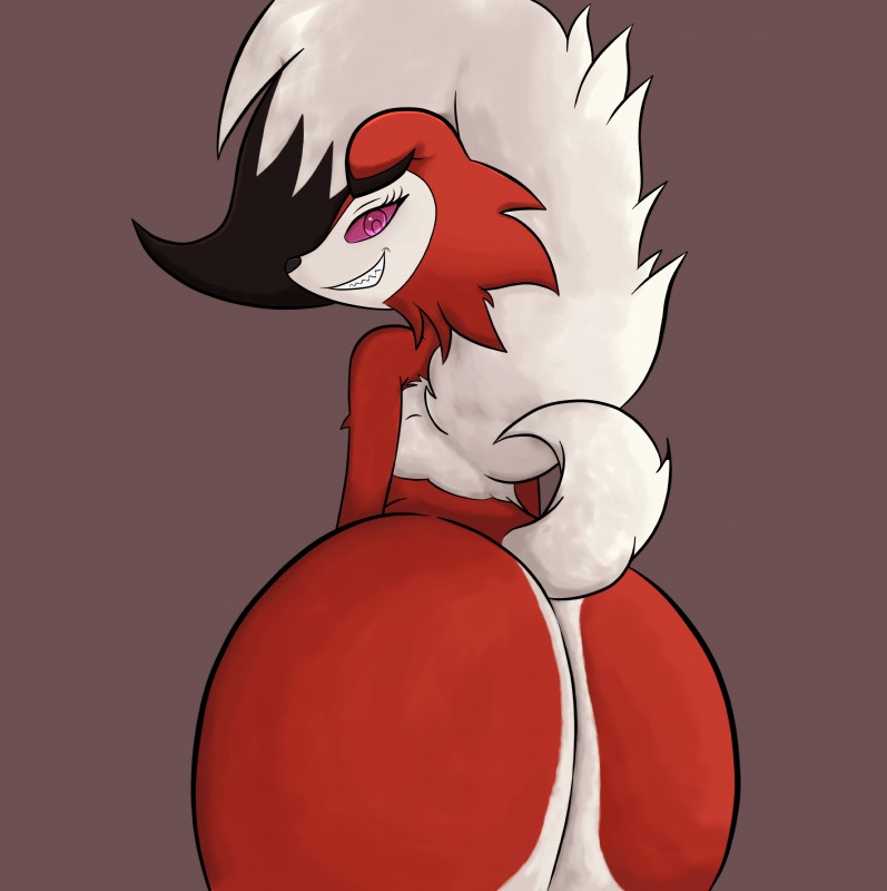 anthro big_butt brown_background butt female fur grin nude red_body red_fur simple_background smile solo ashirenu nintendo pokemon canid canine generation_7_pokemon lycanroc mammal midnight_lycanroc pokemon_(species) 2017 absurd_res hi_res