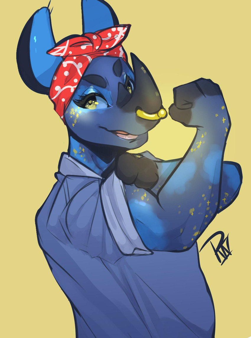 ambiguous_gender anthro clothed clothing eyelashes facial_piercing flexing horn muscular muscular_ambiguous muscular_anthro nose_piercing nose_ring open_mouth piercing ring_piercing simple_background smile solo yellow_background yellow_eyes punkcroc we_can_do_it! rosie_the_riveter mammal rhinoceros hi_res