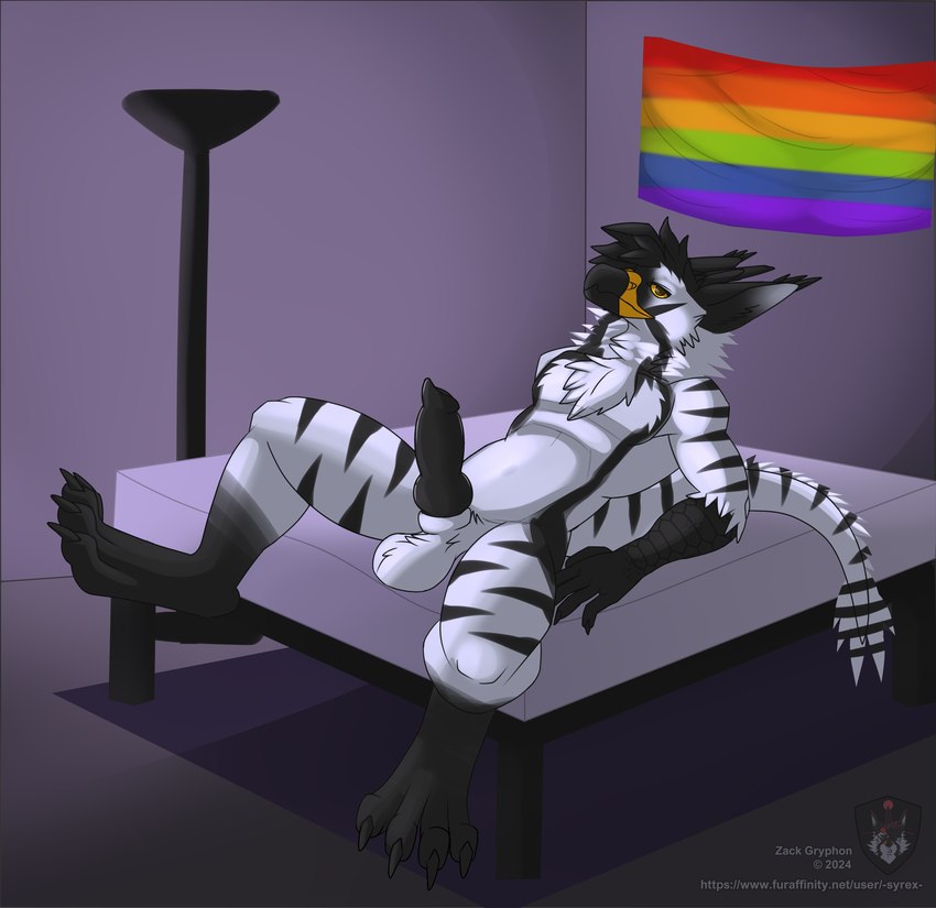 anthro bed flag flag_on_wall furniture hair inside knot lamp lgbt_pride male markings pride_color_flag pride_colors rainbow_pride_colors six-stripe_rainbow_pride_colors solo stripes text zack_gryphon mythology avian gryphon mythological_avian mythological_creature absurd_res hi_res url