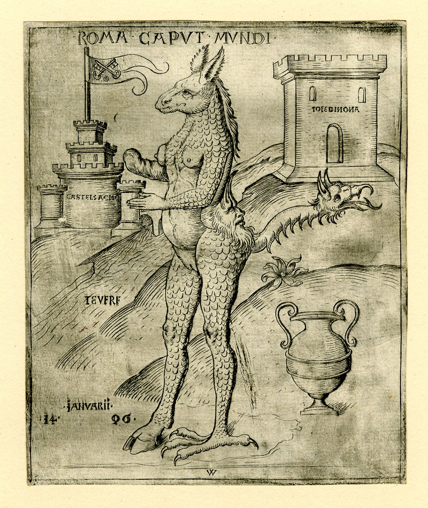 anthro breasts castle cloven_hooves female fingers flag genitals hooves nipples nude pussy scales solo standing text tiber_river wenzel_von_olmutz pope-ass asinus donkey equid equine hybrid mammal 1496 15th_century ancient_art hi_res latin_text traditional_media_(artwork)