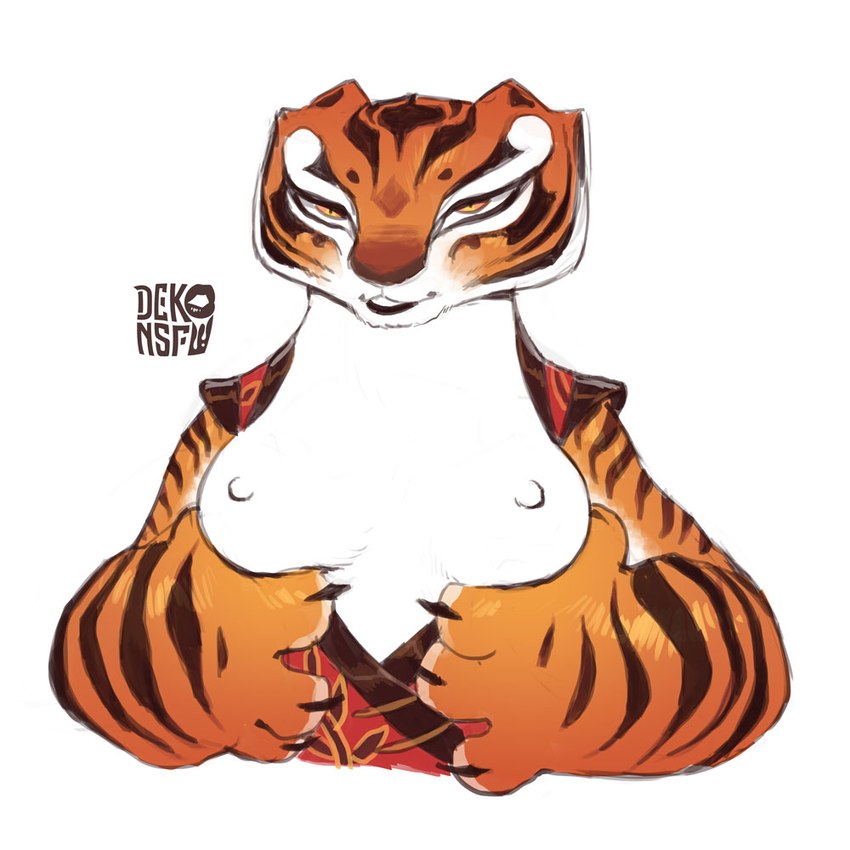 anthro breasts clothed clothing exposed_breasts female front_view holding_breast nipples partially_clothed simple_background solo stripes white_background dekonsfw dreamworks kung_fu_panda master_tigress felid mammal pantherine tiger 1:1 2023 half-length_portrait portrait