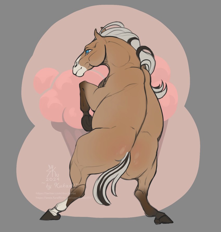 ambiguous_gender big_butt blue_eyes blush body_blush butt butt_blush cupcake equine_tail feral food mane on_hind_legs quadruped slightly_chubby slightly_chubby_feral solo tail tan_body kukan97 equid equine horse mammal hi_res