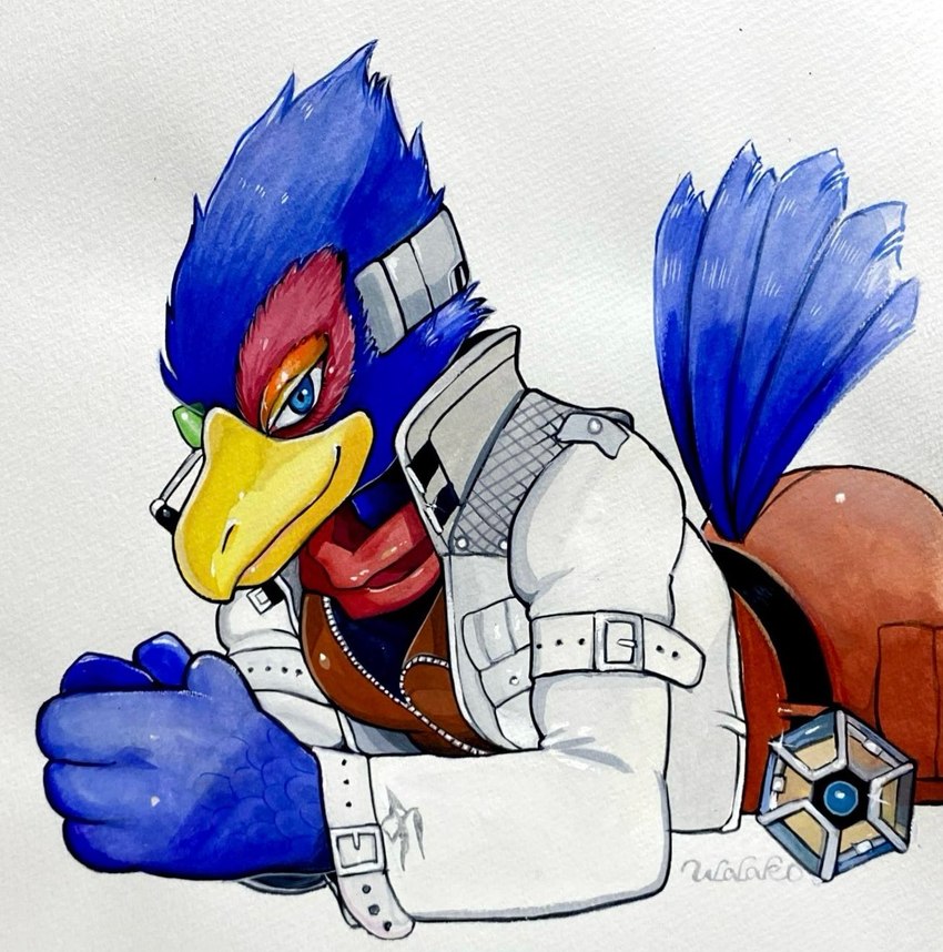 anthro armor blue_body blue_eyes blue_feathers clothed clothing feathers headgear helmet lying male on_front reflector_(object) scouter smile solo tail ulala_ko nintendo star_fox falco_lombardi avian hi_res painting_(artwork) traditional_media_(artwork) watercolor_(artwork)