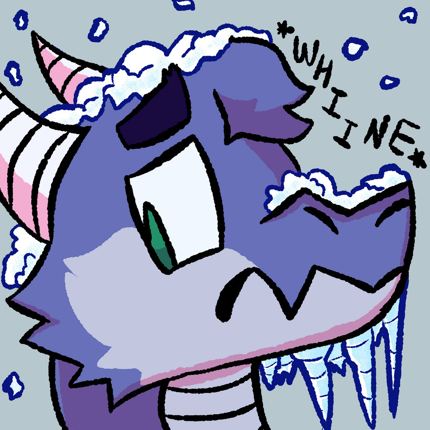 anthro blue_body blue_scales female frown horn icicle scales snow snowing solo text whining quasar_(jackaslope) loskra kobold scalie 1:1 2019 english_text flat_colors headshot_portrait hi_res icon portrait