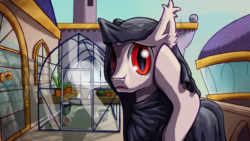 balcony breath city cloak clothed clothing feral flower fluffy_ears fully_clothed greenhouse horn looking_at_viewer male open_mouth outside plant pupils red_eyes sharp_teeth slit_pupils solo teeth vivarium worried badday_(artist) hasbro my_little_pony mythology fan_character bat_pony equid equine mammal mythological_creature mythological_equine unicorn 16:9 digital_media_(artwork) hi_res widescreen