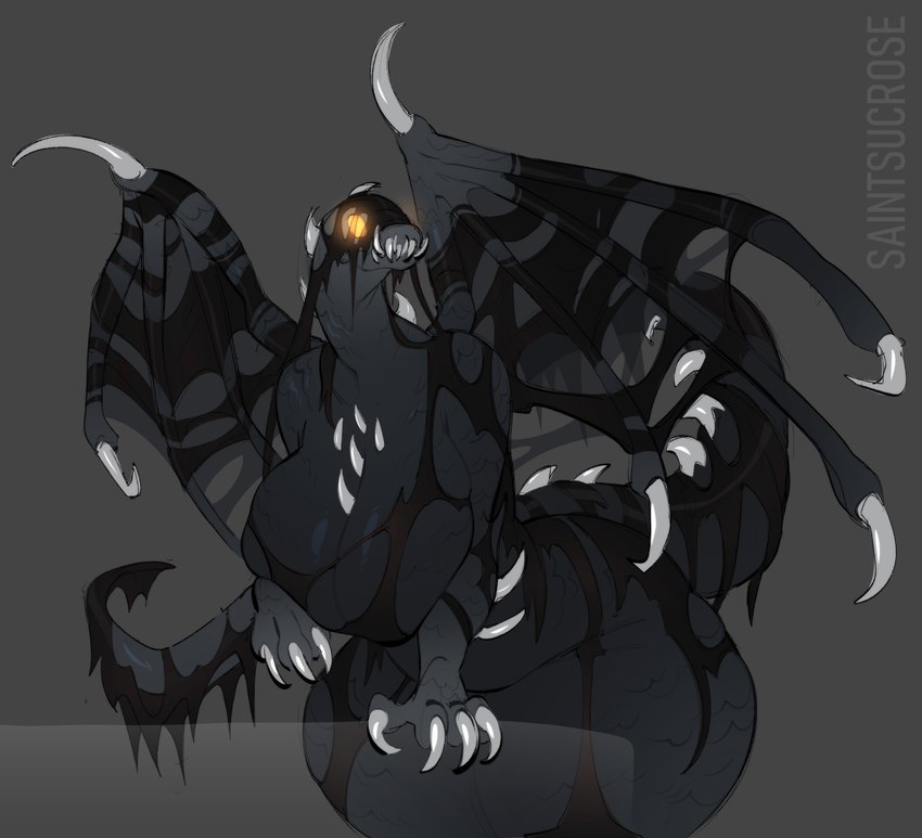 anthro arm_spikes big_breasts black_body black_scales breasts chest_spike claws female glowing glowing_eyes grey_background huge_breasts huge_thighs membrane_(anatomy) membranous_wings non-mammal_breasts orange_eyes scales sharp_teeth simple_background solo spiked_tail spikes spikes_(anatomy) spread_wings standing tail teeth teeth_showing text thick_thighs three-quarter_view wing_claws wings saintsucrose capcom monster_hunter mythology blackveil_vaal_hazak dragon elder_dragon mythological_creature mythological_scalie scalie vaal_hazak 2024 artist_name digital_media_(artwork) hi_res portrait three-quarter_portrait