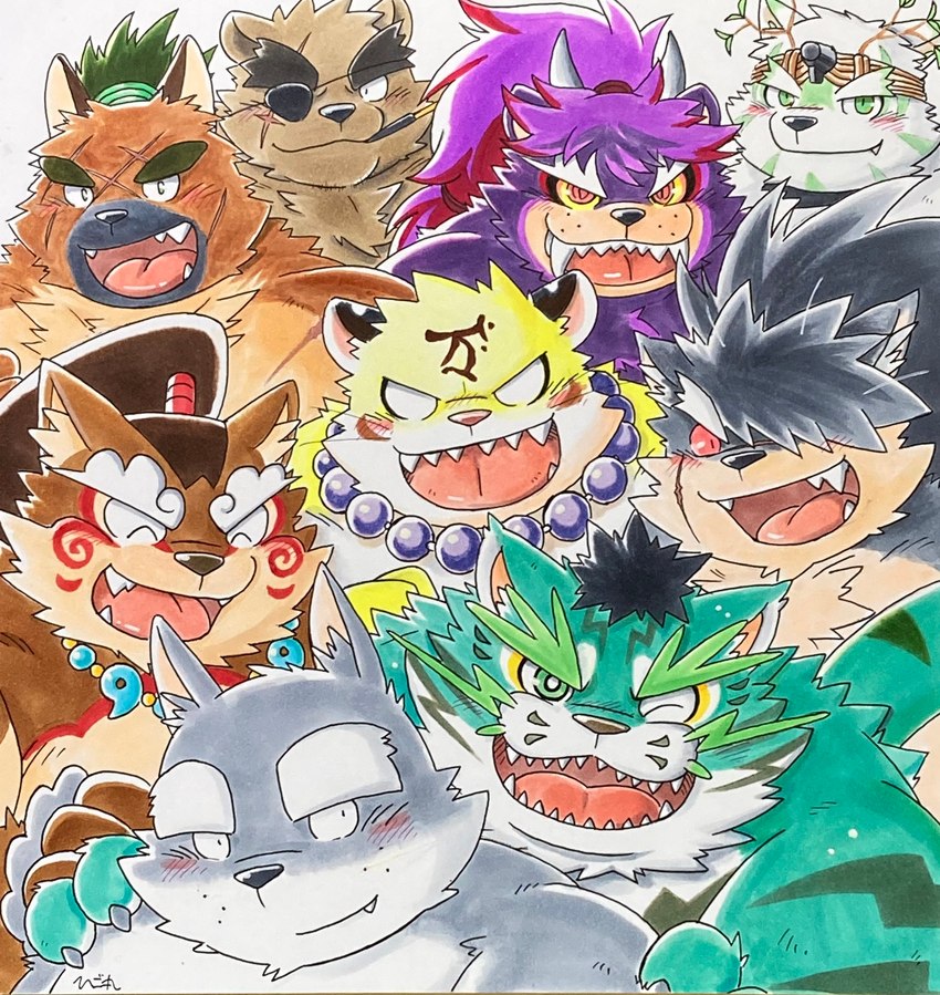 anthro black_nose blush brown_body eye_patch eyewear green_body grey_body group horn humanoid_hands kemono male overweight overweight_male pink_nose purple_body scar yellow_body mind_drive mizuse_higomaru lifewonders mekko_rarekko sengoku_puzzle the_spicy_ninja_scrolls tokyo_afterschool_summoners benkei_(the_spicy_ninja_scrolls) fukami_youhei gouki_(the_spicy_ninja_scrolls) koshamain minamoto_no_tametomo nomi_no_sukune raiden_shin'emon shino_(tas) yasuyori_(tas) bear canid canine canis domestic_dog felid mammal pantherine tiger 2022 hi_res