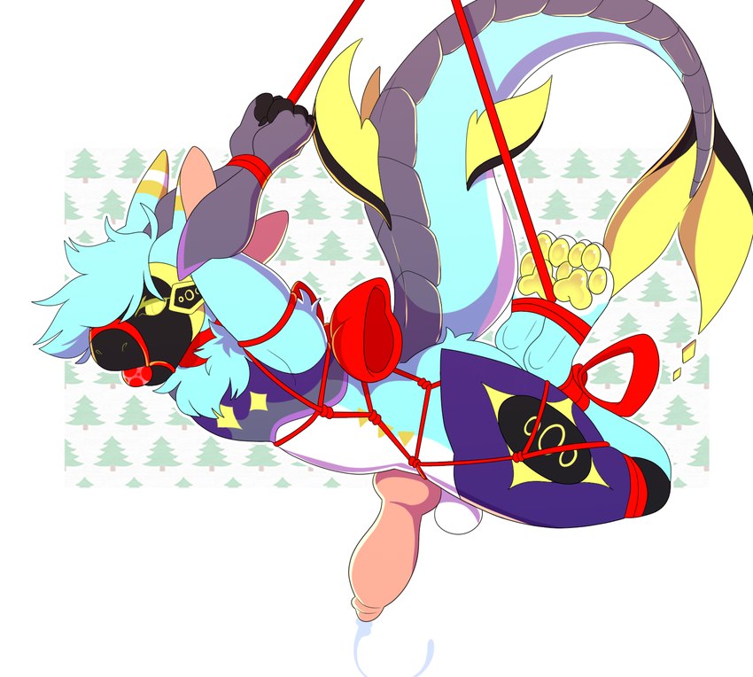 4_ears 4_toes anthro ball_gag balls bdsm big_penis blue_body blue_fur blue_hair bodily_fluids bondage bound bow_ribbon christmas_tree collar collar_only cum cum_drip cum_dripping_from_penis cum_string dipstick_ears dipstick_limbs dripping ear_markings erection feet front_view fully_bound fur gag gagged genital_fluids genitals hair hands_behind_head hands_tied hindpaw holidays inner_ear_fluff knot knotted_penis legs_tied machine male multi_ear multicolored_body multicolored_ears multicolored_fur nude pawpads paws penis pink_inner_ear plant protogen_visor raised_tail restraints rope rope_bondage rope_harness screen screen_face side_view simple_background solo suspended_in_midair suspension suspension_bondage tail toes tree tuft white_body white_fur yellow_pawpads pilvi_owo christmas festive_winter fish hybrid marine protogen shark hi_res