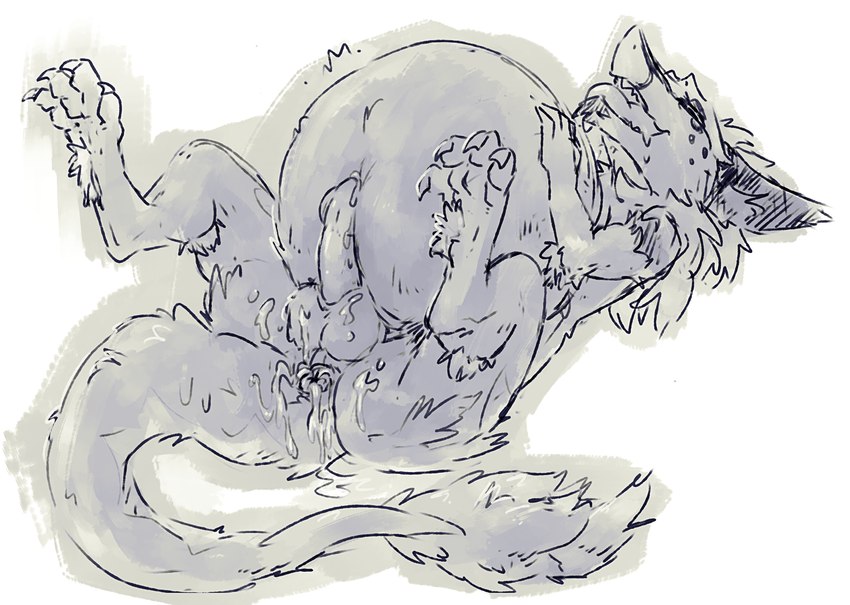 anthro balls bodily_fluids cum cum_inflation cum_inside cum_on_balls genital_fluids genitals inflation lying male on_back solo spread_legs spreading tail tongue tongue_out meltcoil ralian_(character) sergal hi_res sketch