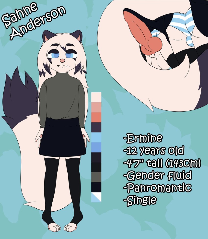 4_toes 5_fingers animal_genitalia animal_penis anthro balls bangs belly_tuft big_penis black_ears black_eyeshadow blue_eyes bottomwear butt canine_genitalia canine_penis chest_tuft close-up clothed clothing digitigrade dipstick_tail eyeshadow feet femboy fingers front_view fur genitals hair leggings legwear lips long_hair long_socks long_tail makeup male markings mole_(marking) mole_on_cheek navel nipples nude palms_up panties pattern_bottomwear pattern_clothing pattern_panties pattern_underwear pawpads penis pink_nipples pink_nose pink_pawpads pink_penis short_ears simple_background skirt slim smile solo standing striped_bottomwear striped_clothing striped_panties striped_underwear stripes sweater tail tail_markings text toes topwear tuft underwear white_body white_fur young young_anthro young_male youaskedferrit sahne_anderson_(kazukio) mammal mustelid musteline stoat true_musteline weasel absurd_res hi_res model_sheet