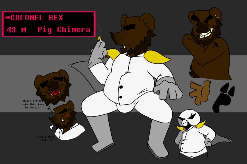 anthro bulge cigarette half_naked male smoking smoking_cigarette solo text redshe3p earthbound_(series) nintendo colonel_rex fan_character pigmask mammal suid suine sus_(pig) wild_boar hi_res model_sheet