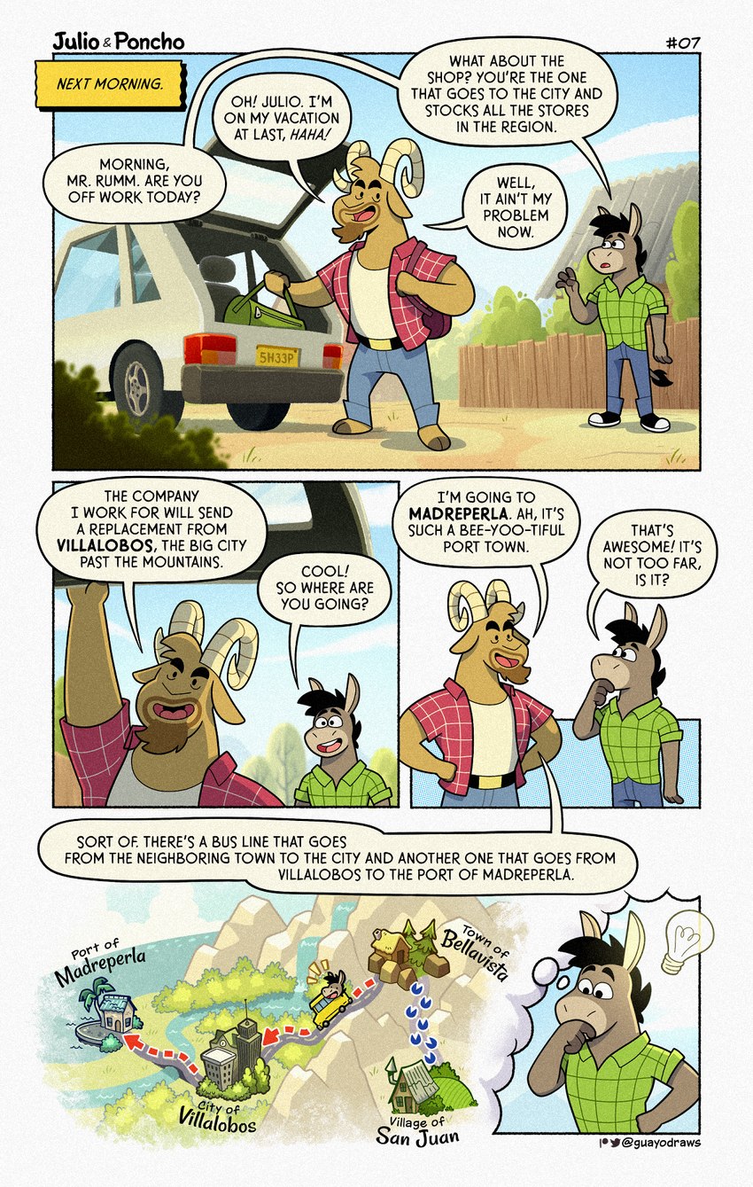 anthro bottomwear car clothing detailed_background dialogue duo male map outside pants shirt text topwear vehicle guayodraws julio_(julio_&_poncho) asinus bovid caprine donkey equid equine goat mammal 2023 comic english_text hi_res