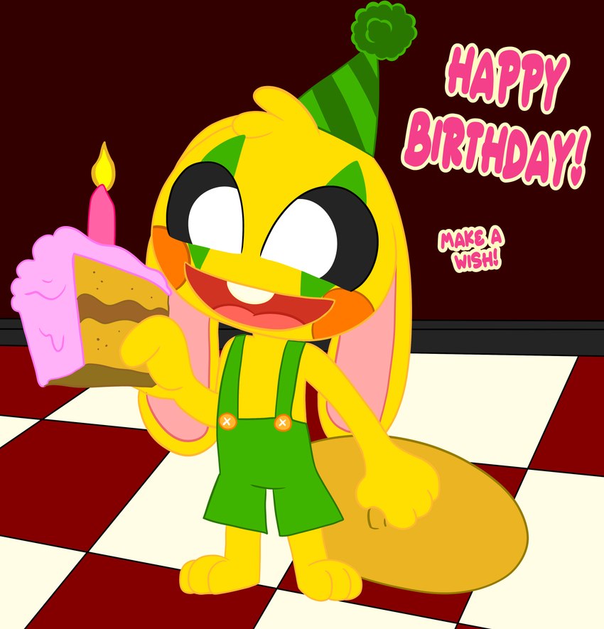 cake dessert food happy_birthday male plushie solo thin_calves young theyiff mob_entertainment poppy_playtime bunzo_bunny lagomorph leporid mammal rabbit absurd_res hi_res