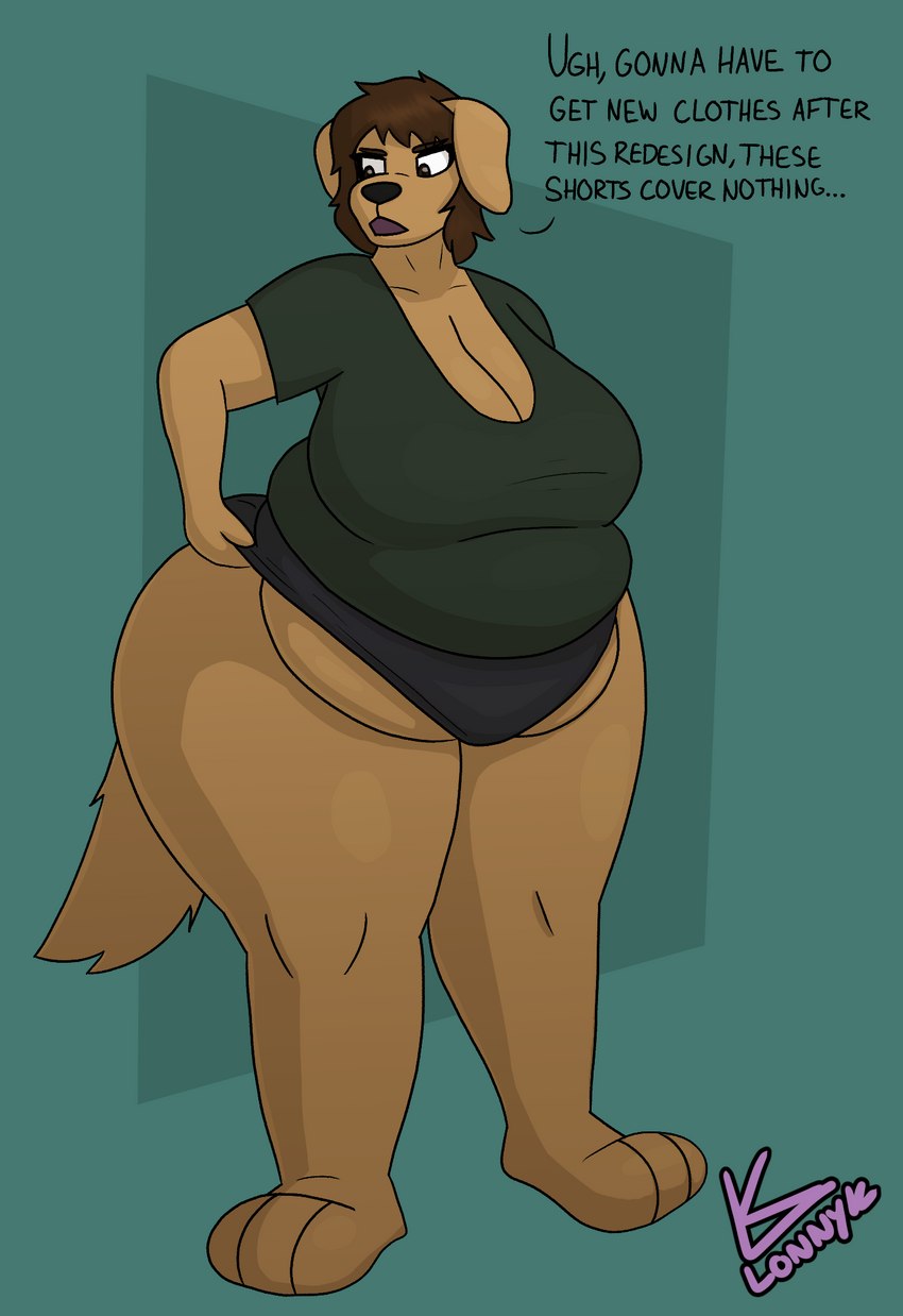 adjusting_clothing anthro belly_overhang big_breasts big_butt breasts butt cleavage clothed clothing female slightly_chubby slightly_chubby_female solo text lonnyk alex_(lonnyk) bird_dog canid canine canis domestic_dog hunting_dog labrador mammal retriever english_text hi_res