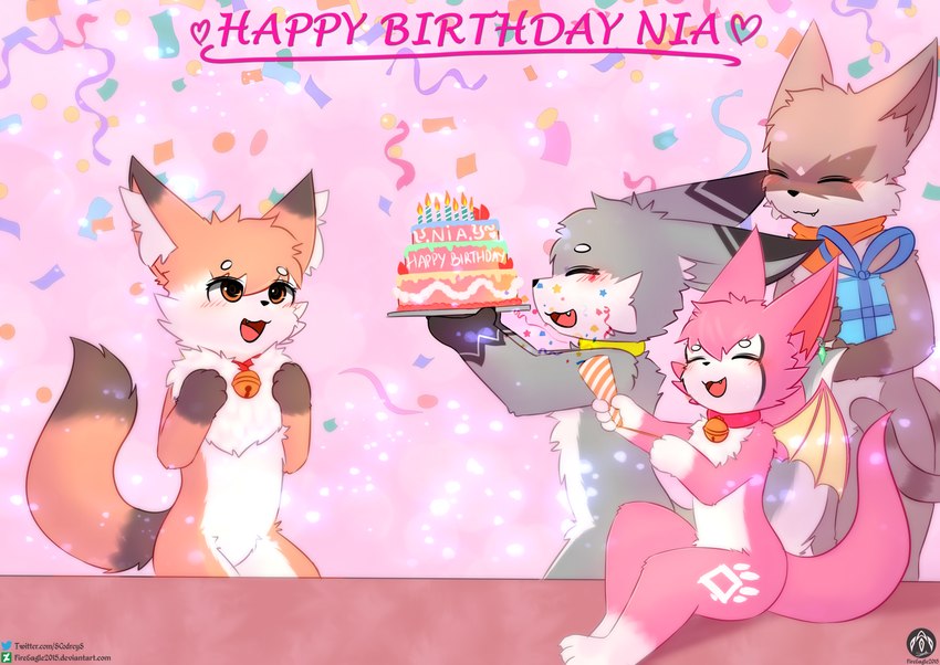 anthro birthday birthday_cake cake collar dessert feral food group text senz dust:_an_elysian_tail ancesra_(ancesra) lune_(lunesnowtail) nia_(senz) sean_(senz) bat canid canine fox iradeon mammal nimbat procyonid raccoon absurd_res hi_res url