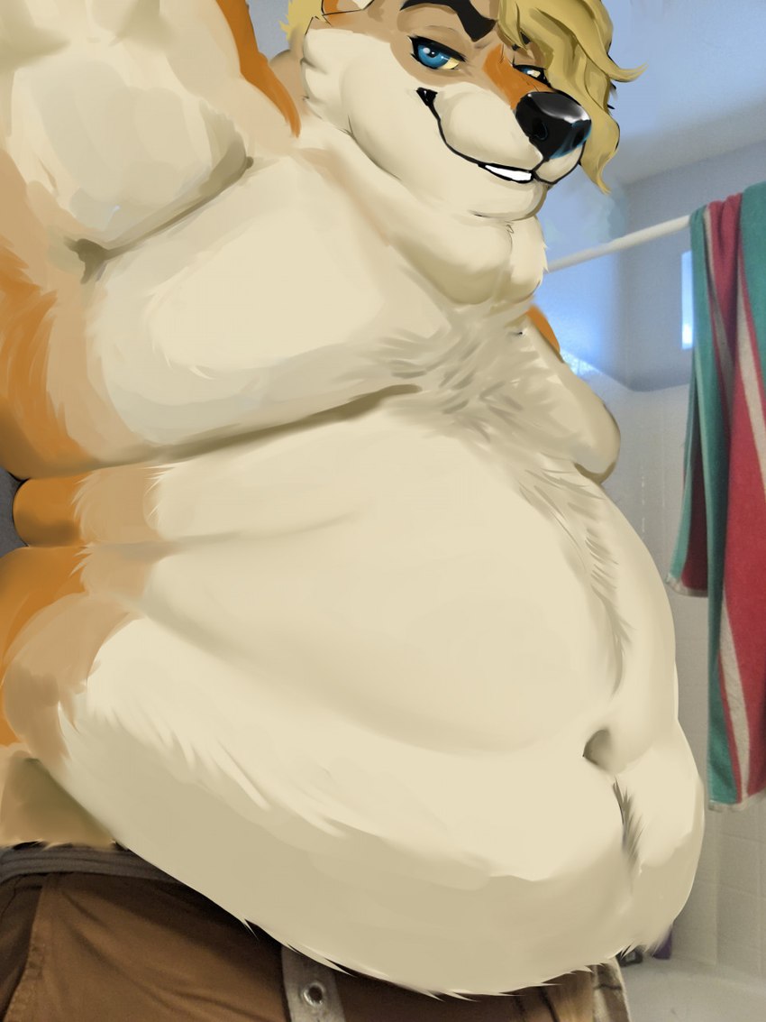 anthro back_rolls belly belly_overhang belly_rolls big_belly biped black_nose blue_eyes body_hair chest_hair double_chin eyebrows fat_rolls featureless_chest fur hair looking_at_viewer love_handles male moobs navel overweight overweight_anthro overweight_male photo_background raised_eyebrow seductive selfie smile smirk solo tan_body tan_fur tan_hair teeth clovishusky rain_(vanillayote) canid canine canis coyote mammal 2022 3:4 draw_over hi_res photography_(artwork) shaded soft_shading