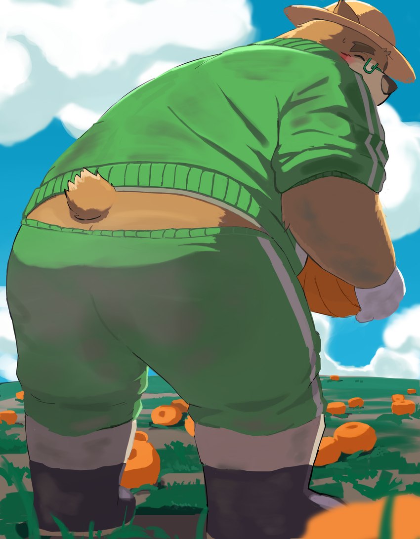 anthro bent_over blush boots brown_body brown_fur butt clothing eyebrows eyewear farmer food footwear fruit fur gardening glasses gloves handwear hat headgear headwear male outside plant pumpkin shoes solo straw_hat thick_eyebrows 9dtq0 lifewonders tokyo_afterschool_summoners volos_(tas) bear mammal absurd_res hi_res