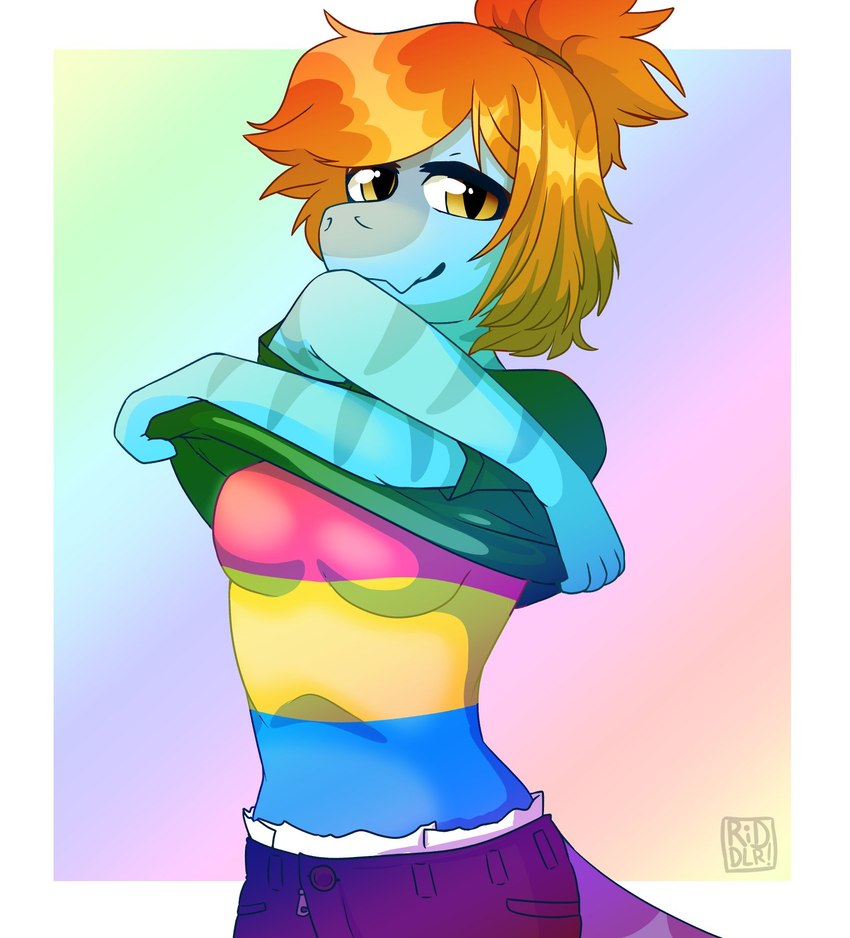 abstract_art ageplay anthro blue_body bottomwear clothing diaper diaper_under_clothing female green_clothing green_topwear hair infantilism lgbt_pride looking_at_viewer mouth_closed orange_hair pansexual_pride_colors pride_colors purple_bottomwear purple_clothing roleplay solo standing striped_arms topwear undressing yellow_eyes riddlr riddlr_(character) hi_res portrait three-quarter_portrait