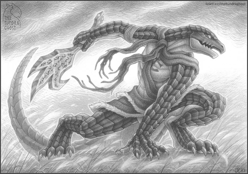 4_toes 5_fingers anchor_symbol anthro armband bottomwear clothing cloud crouching feet fingers fur fur_markings grass hand_on_ground logo looking_forward male markings open_mouth outside plant scarf skirt sky solo tail text toes thetundraghost overlord_(series) zaryusu_shasha lizard lizardman lizardman_(overlord) reptile scalie 2023 artist_logo dated graphite_(artwork) hi_res monochrome signature traditional_media_(artwork) url