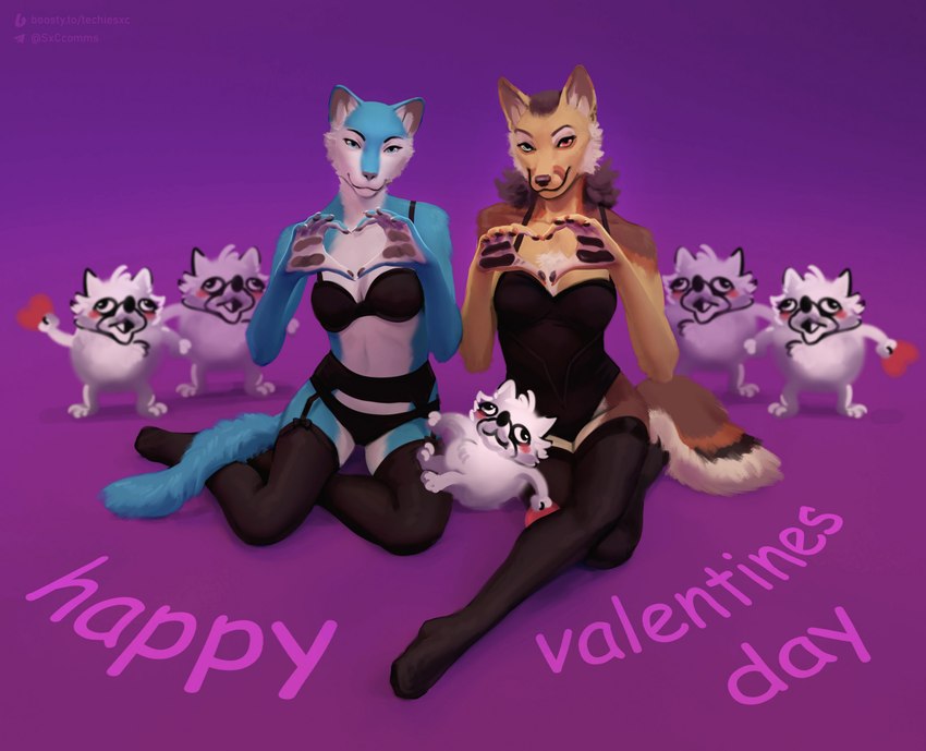 ambiguous_gender anthro blush clothing female group hair holidays legwear love simple_background stockings tail tongue underwear techiesxc ugandan_knuckles valentine's_day fan_character canid canine canis domestic_dog mammal wolf digital_media_(artwork) hi_res meme painting_(artwork)